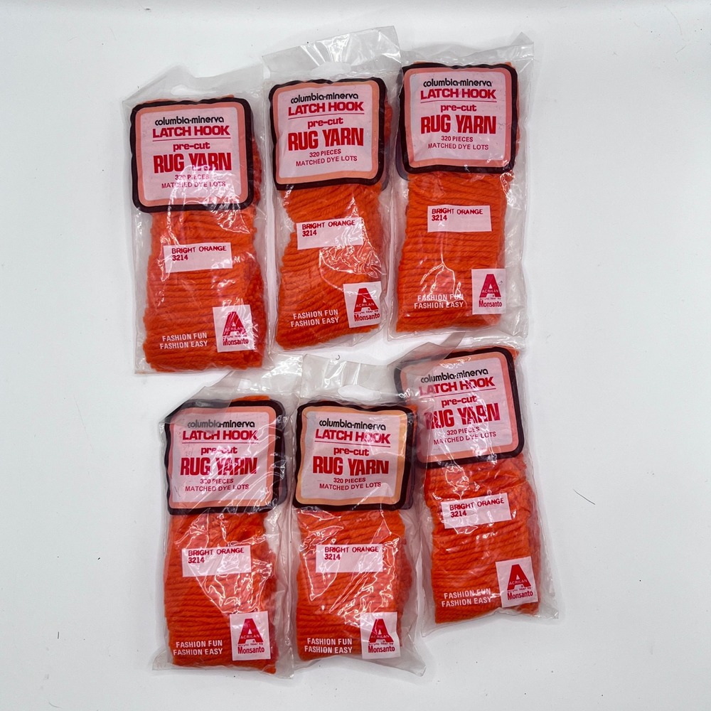 Columbia-Minerva Latch Hook Rug Yarn Bright Orange 3214 6 Packs Vintage Pre-Cut